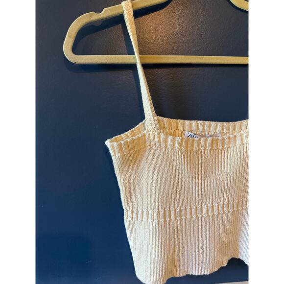 NWT Zara | Cotton Blend Square Neck Ivory Cropped Knit Top | Size L - Picture 2 of 7